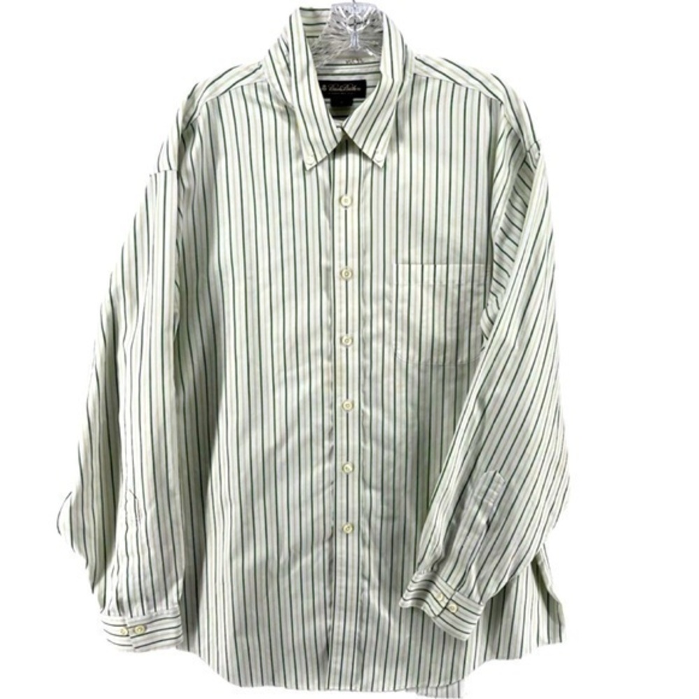 Brooks Brothers Men's Long Sleeve Collared Shirt Striped Green Non Iron XL